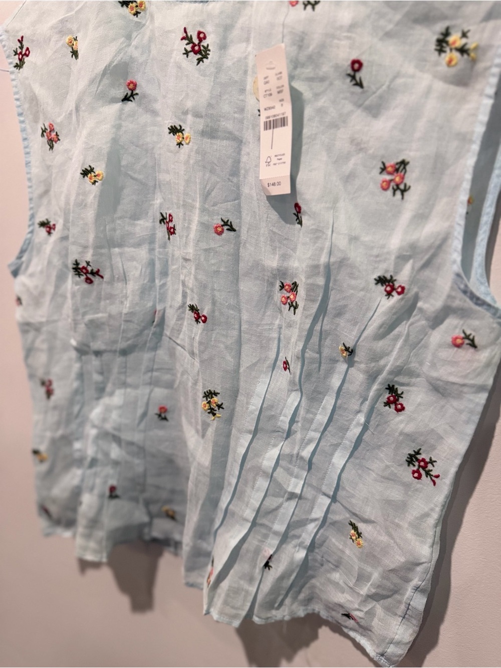 J.Crew Pintuck Shell Top Ramie Blue Embroidered Floral Romantic Sz 6 CT109 $148 - Picture 4 of 8